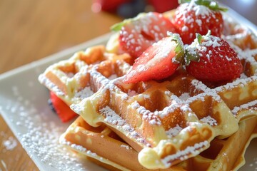 Wall Mural - Enjoying a plate of delicious belgian waffles topped with fresh strawberries and powdered sugar