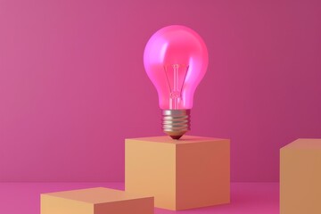 Aufkleber - pink light bulb sitting on top of cubes, An animated 3D icon of lightbulb represents creativity