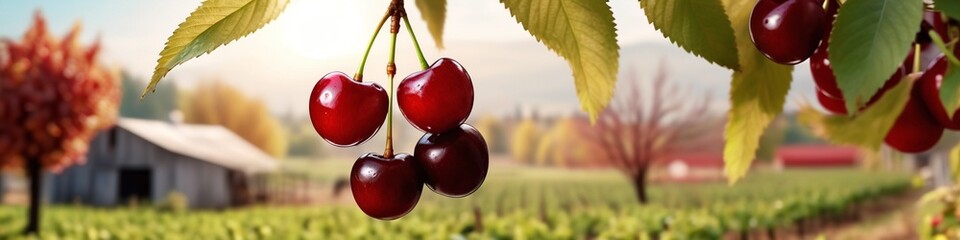 Wall Mural - Close up on big Cherries hanging on a cherry tree branch.