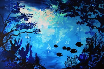 group of fish swimming in the ocean, An aquatic landscape with fish and coral silhouetted by the negative space of water