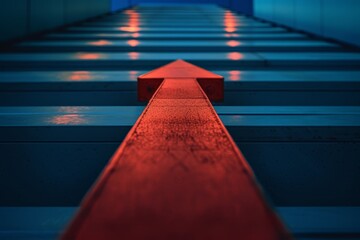 Poster - red arrow on blue and pink background, An arrow graph pointing upwards, symbolizing growth and improvement