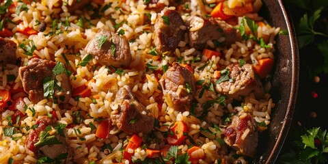 Wall Mural - Top view of meat and vegetable pilaf with spices