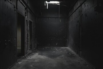 Fototapete - dark tunnel with benches and lights, An empty, pitch-black space void of any details or features