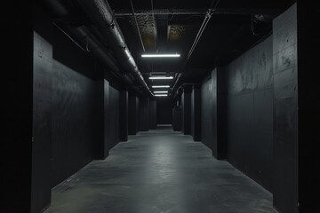 Fototapete - dark tunnel with benches and lights, An empty, pitch-black space void of any details or features