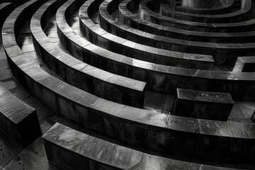 Aufkleber - black and white photo of circular maze, An image of labyrinth layout where the paths are depicted by the negative space