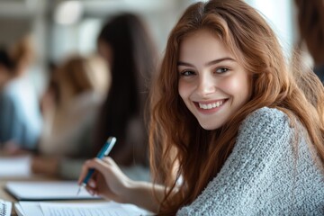 A young girl sits at her desk, beaming with excitement as she pours her heart into a creative writing project. Her pen moves swiftly across the paper, bringing her imagination to life.