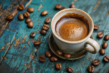 Wall Mural - Coffee cup and coffee beans on a wooden background. toning. selective focus