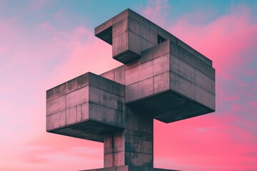 building with stairs and sunset in the background, An imposing neo-brutalist structure against pastel-hued sunset