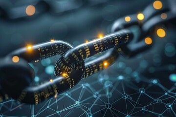 Poster - chain with link in the middle, An innovative blockchain technology secures transactions and protects digital assets