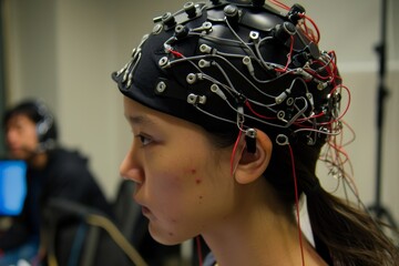 Aufkleber - woman with head device on her head, brain-computer interface enhancing cognitive capabilities