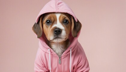 Cute little dog in pink hoodie on a pink background