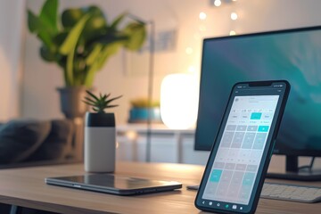 Fototapete - laptop and cell phone on wooden table, An intelligent personal assistant organizes your schedule, answers questions, and provides reminders