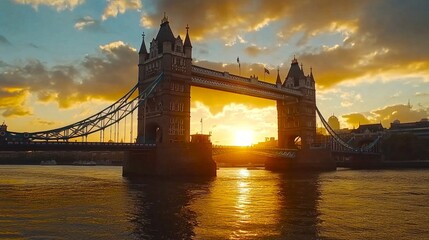 Wall Mural - Stunning sunset view of Tower Bridge over the River Thames. Golden hues reflect off the water. Perfect for travel and cityscape themes. Captured in a vibrant style. AI