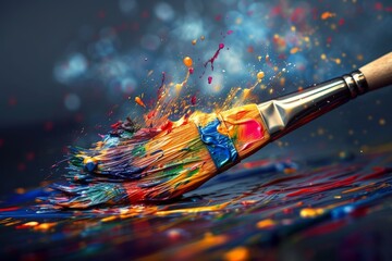 Leinwandbilder - paintbrush with colorful paint splash on it, paintbrush with vibrant splashes of color, representing artistic expression