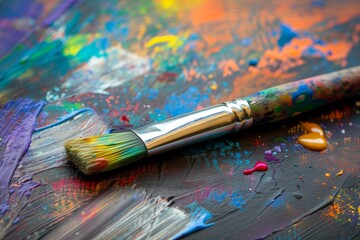 Leinwandbilder - painting with paintbrushes and paint splatters, paintbrush with vibrant splashes of color, representing artistic expression