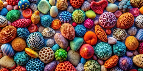 Colorful coral pebbles creating an intricate and beautiful pattern, coral, pebbles, colorful, pattern, texture, natural, sea