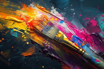 Leinwandbilder - painting with paintbrushes and paint splatters, paintbrush with vibrant splashes of color, representing artistic expression