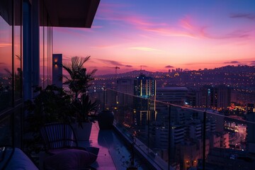 Leinwandbilder - view of city from balcony at night, scenic penthouse view overlooking quiet, beautiful city at dusk