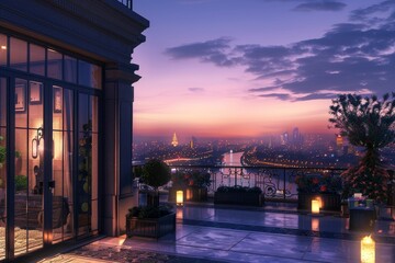 Leinwandbilder - view of city from balcony at night, scenic penthouse view overlooking quiet, beautiful city at dusk