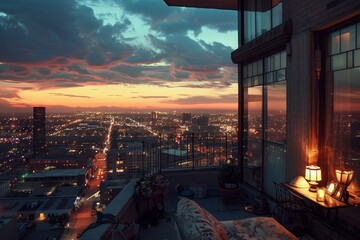Leinwandbilder - view of city from balcony at night, scenic penthouse view overlooking quiet, beautiful city at dusk