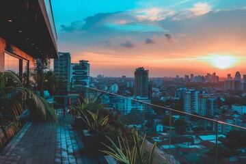 Leinwandbilder - view of city from balcony at night, scenic penthouse view overlooking quiet, beautiful city at dusk