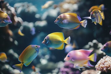 Wall Mural - group of fish swimming in the ocean, school of colorful fish swimming past healthy reef