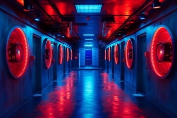 Leinwandbilder - futuristic looking room with people standing around, secret research facility experimenting with teleportation technology