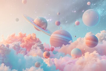 Fototapete - colorful sky with planets and clouds, soft pop take on the galaxy with muted, pastel stellar bodies