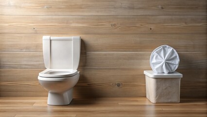 A partially empty container of baby wipes sits on top of a modern toilet in a clean and minimalist bathroom with a subtle wood grain background.