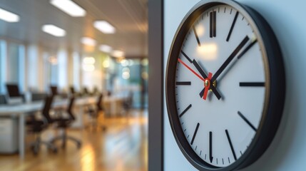 A high-definition close-up of a clock on an office wall, precisely showing the time with a background of a modern, well-lit workspace.