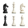 © Stone Story - Set of black and white chess pieces including king, queen, bishop, and knight against a white background, perfect for strategy games.