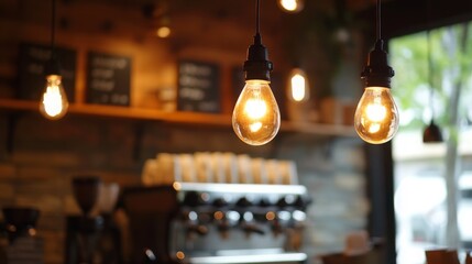 Poster - Soft golden light from hanging bulbs fills the cafe, highlighting a coffee machine and creating a welcoming ambiance.