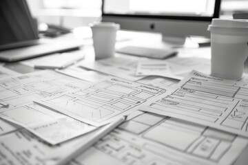 Poster - desk with laptop and bunch of drawings, wireframe sketch prompts your design decisions