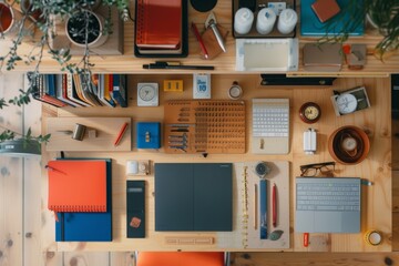 Poster - desk with laptop and bunch of drawings, workspace organization guide enhances productivity by optimizing the environment