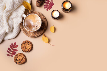 Wall Mural - Cosy autumn background, coffee and candles