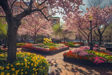 Wall Mural - A city park in springtime, filled with cherry blossoms and colorful flower beds.