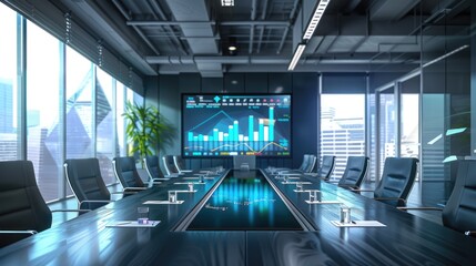 Wall Mural - A sophisticated conference room with a digital screen showing business metrics, ready for a merger discussion