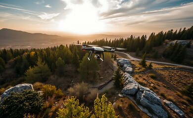 Wall Mural - Drone flying over a forest with large rocks and a winding path during sunset.