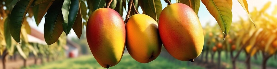 Tropical ripe yellow mango fruit hanging on tree branch with beautiful farm and sunlight on background. Mango product.