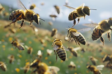 Wall Mural - Swarm of bees is flying over a field of flowers on a sunny day