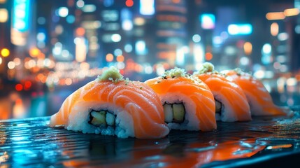 Poster - Delicious sushi rolls with salmon are placed beautifully on a wooden board. The city lights glow in the background creating a vibrant scene. This image captures 