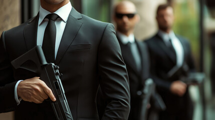 Stylish security professionals in suits exude confidence and elite presence