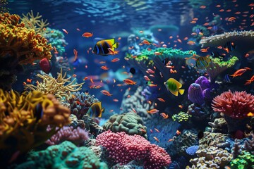 Wall Mural - A coral reef with schools of vividly colored fish swimming amongst the corals.
