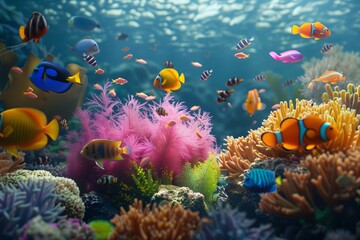 Wall Mural - A coral reef with schools of vividly colored fish swimming amongst the corals.