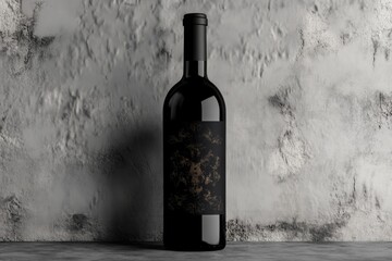 Modern wine bottle mockup featuring an elegant black label against a textured gray background