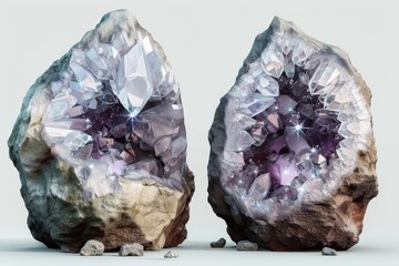 Aufkleber - purple crystal with white star on it, Crystal geode, 3D cracked open revealing sparkling crystals inside Transparent background