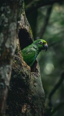 Photo of a parrot perched on the side of an old tree, with its vibrant green feathers 