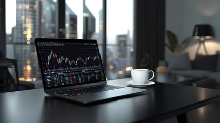 Wall Mural - An HD image of a financial audit summary on a sleek black desk in a modern apartment, with a laptop displaying stock market forecasts and a cup of espresso.