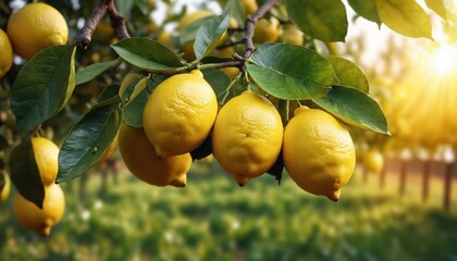 Bunches of fresh yellow ripe lemons on lemon tree branches in garden