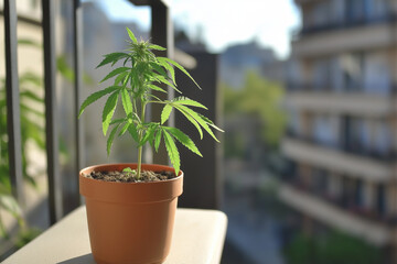 close up of a homegrown medical cannabis plant. Growing marihuana at home at the balcony for smoking